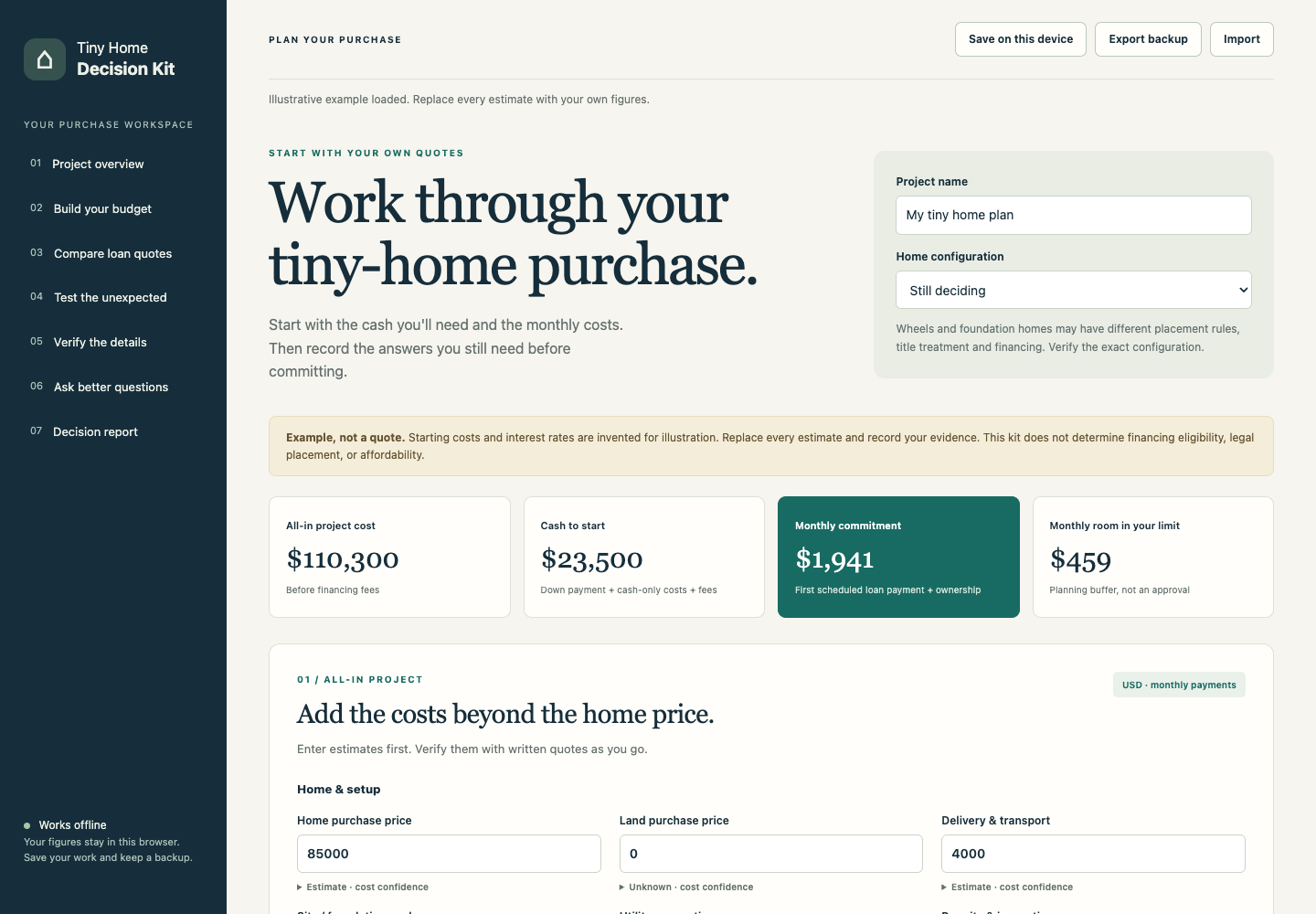 Tiny Home Decision Kit workspace showing project inputs, cost confidence, cash to start and monthly commitment using illustrative figures.